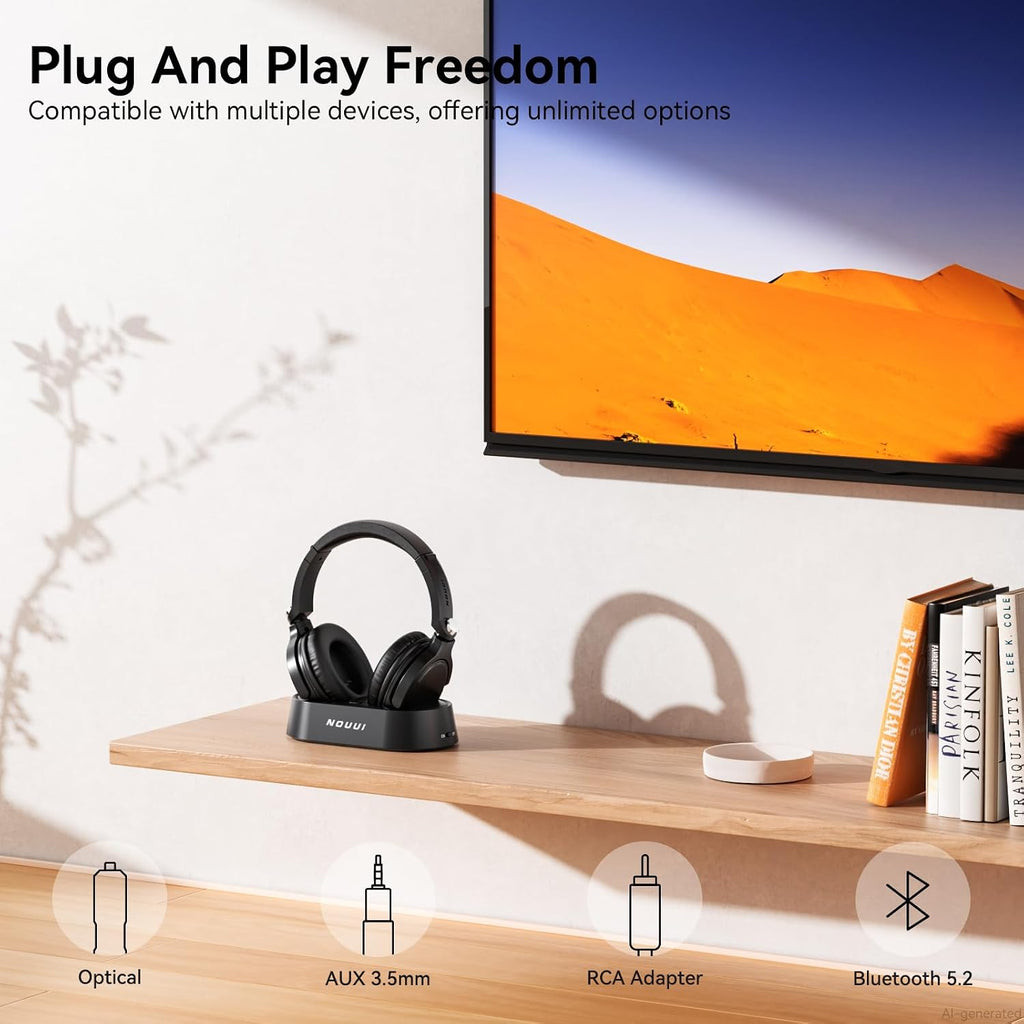 Wireless Headphones for TV Watching, TV Headphones Wireless for Seniors with Transmitter Charging Base, over Ear Bluetooth Headset No Audio Delay, Hifi Stereo, 65H Playtime, Gifts for Parents/Elderly