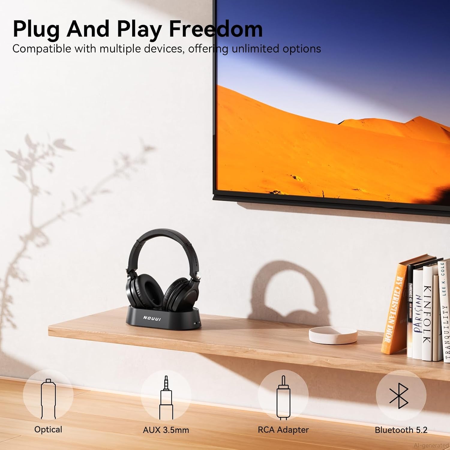 Wireless Headphones for TV Watching, TV Headphones Wireless for Seniors with Transmitter Charging Base, over Ear Bluetooth Headset No Audio Delay, Hifi Stereo, 65H Playtime, Gifts for Parents/Elderly