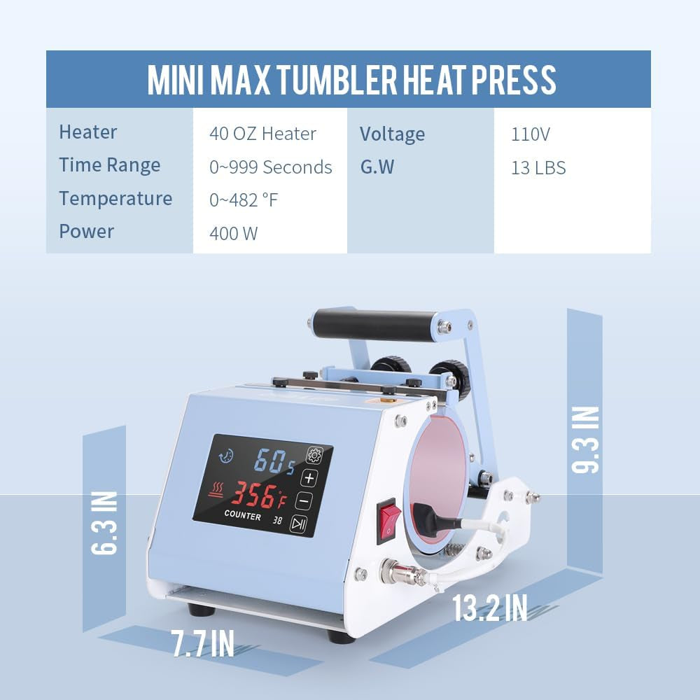 110 V Mini Max 40 OZ Tumbler Heat Press Machine Light Blue V4.0 | Mug Heat Press Touch Screen for 40 OZ Sublimation Tumbler with Handle Sublimation Printing