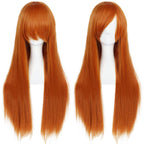 Hair Cap+32 In/ 80 Cm Long Straight Orange Wig with Bangs Synthetic Hair Peluca Naranja Cosplay Wigs for Anime Cosplay Wig Long Ginger Wigs with Bangs for Halloween Women Ginger Costume Wigs