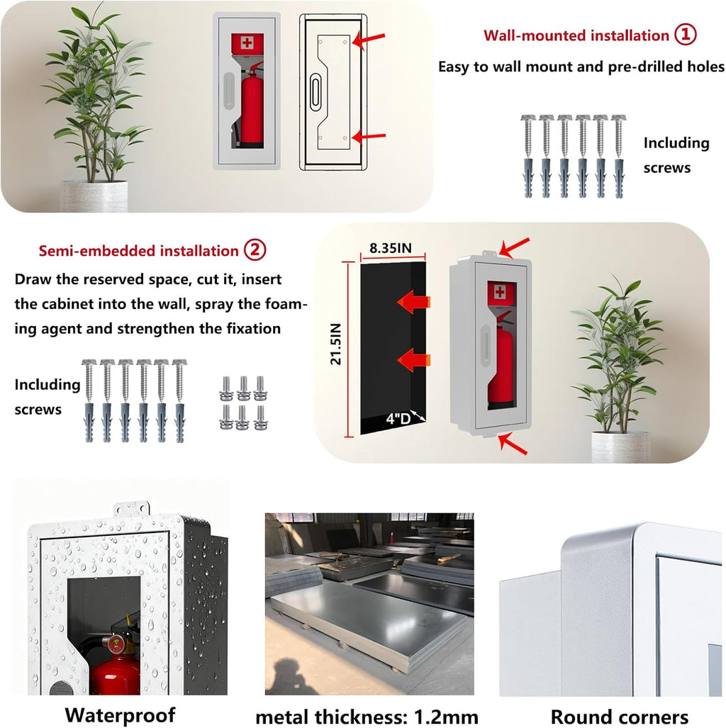 Rounded Corner Semi Recessed Steel Fire Extinguisher Cabinet White 2PC | for 2.5/5/10 LB Extinguisher ，Heavy-Duty Wall Mount Box ，Invisible Handle, Transparent Window, Indoor/Outdoor Use