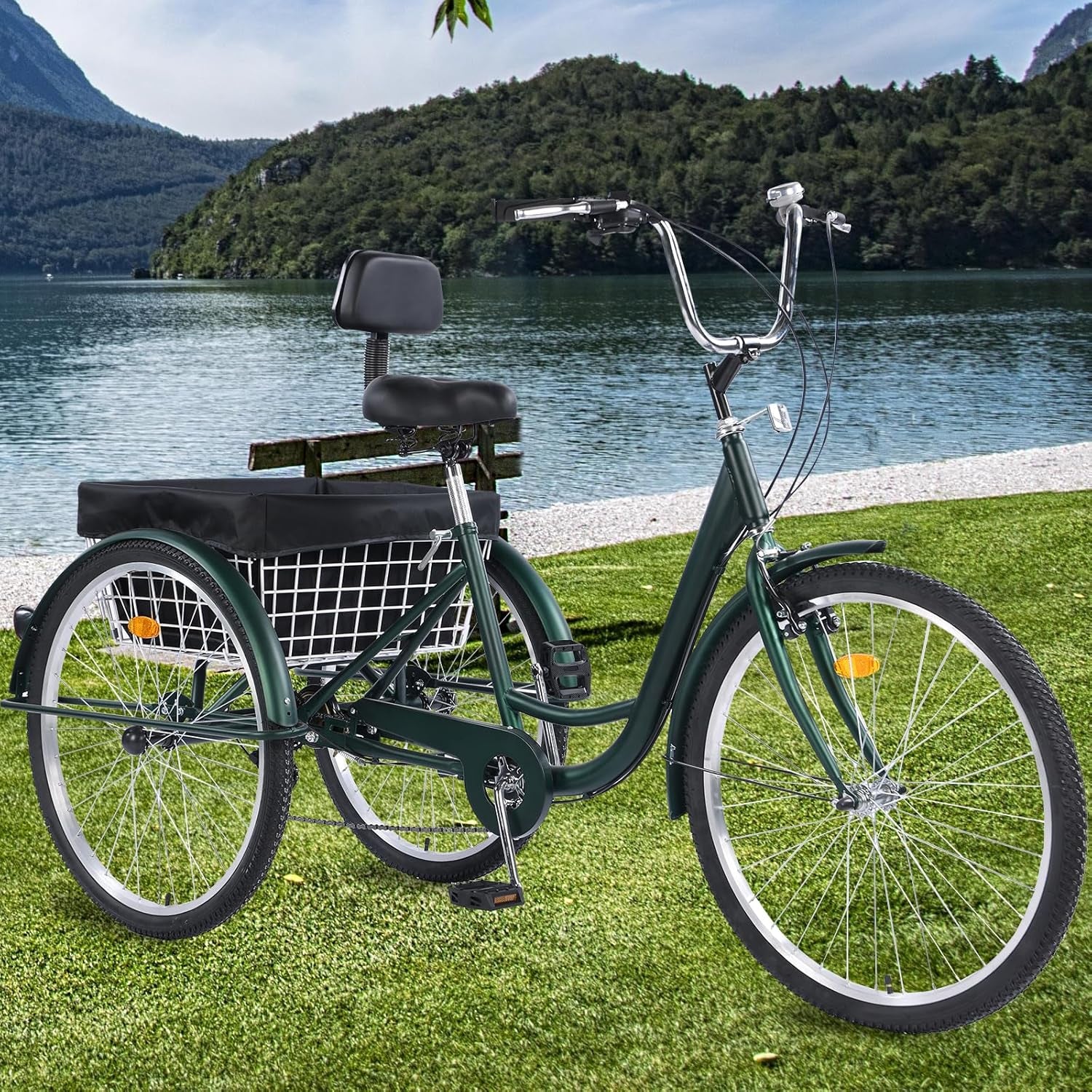 Versatile 24/26-Inch 3-Wheel Adult Tricycle with 7-Speed Gearing and Spacious Basket for Comfortable Riding and Storage for Recreation, Shopping, Picnics