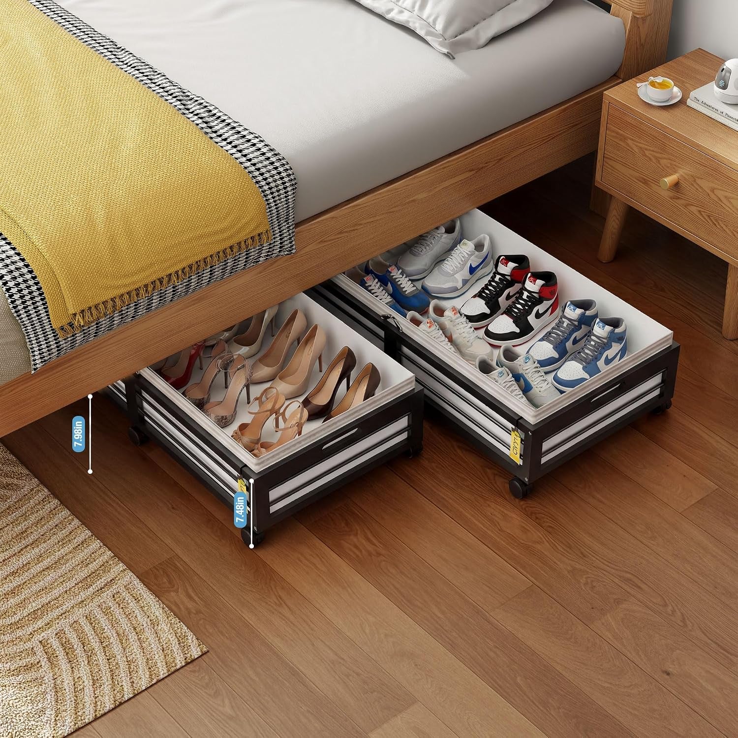 Under Bed Storage Containers with Wheels, Larger Bamboo Wood under Furniture Storage Containers with Dust Bags，Rolling for Shoes Clothes