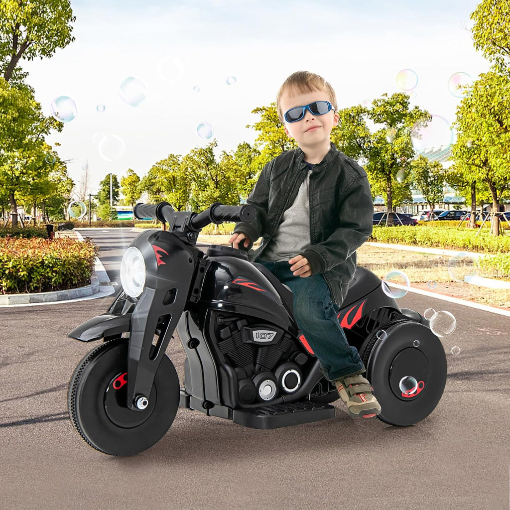 Kids Motorcycle, 6V Electric Ride on Car with Automatic Bubble Function, Foot Pedal, Headlight, Music, 3 Anti-Skip Wheels Vehicle for Children, Toddler Ages 3+