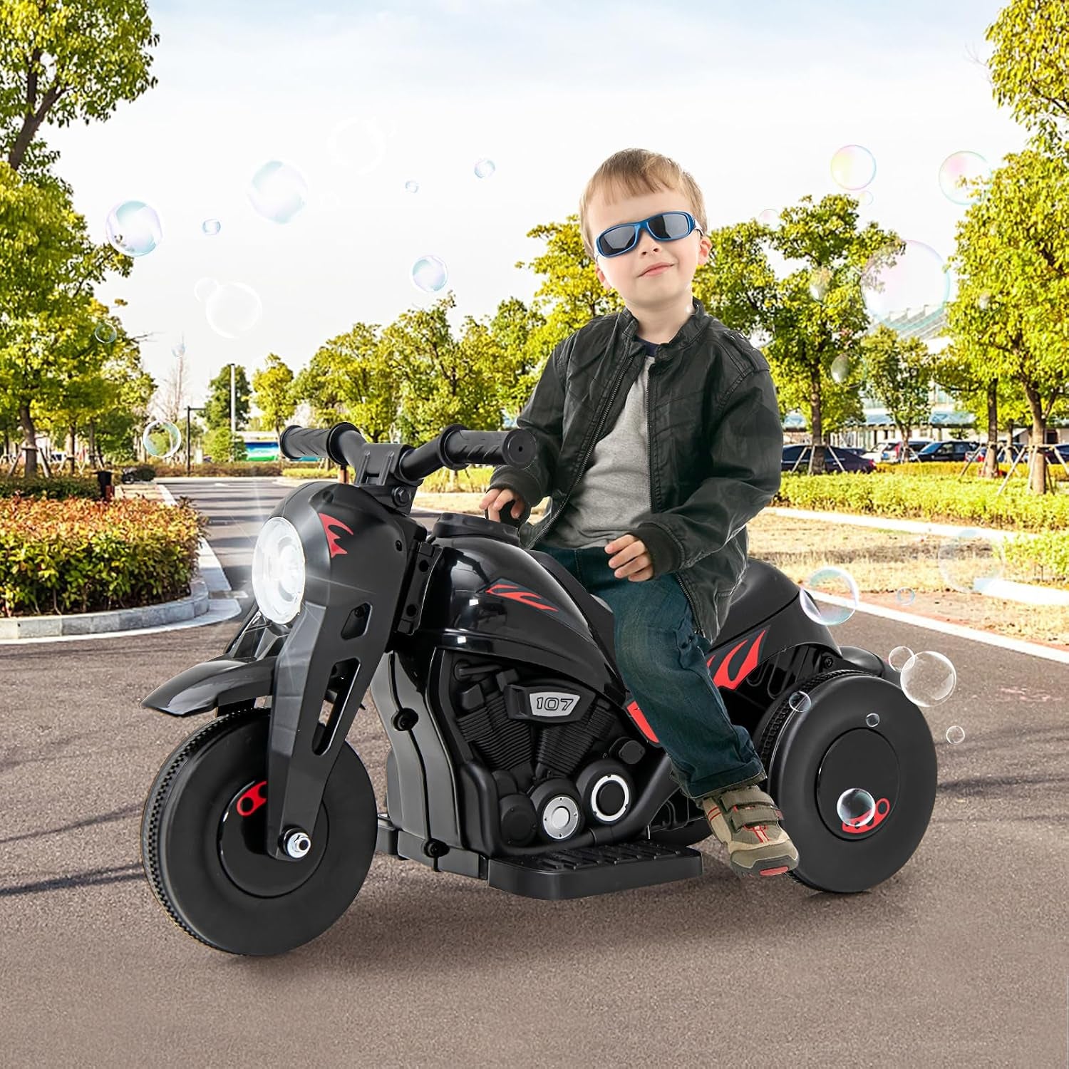 Kids Motorcycle, 6V Electric Ride on Car with Automatic Bubble Function, Foot Pedal, Headlight, Music, 3 Anti-Skip Wheels Vehicle for Children, Toddler Ages 3+