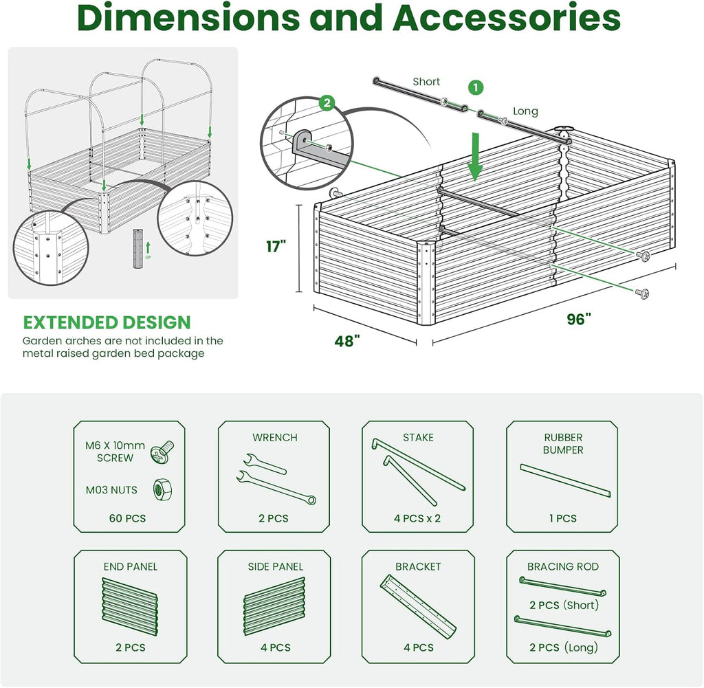 Galvanized Raised Garden Bed Box Outdoor 17" Tall Raised Garden Beds Outdoor Garden Planter Outdoor Garden Boxes Outdoor Raised Metal Raised Garden Beds for Vegetables 96"X48"X17", Mint Green
