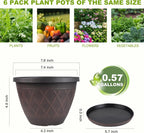 6 Pack 8 Inch Plant Pots, Planters with Drainage Holes & Saucers | Modern Imitation Faux-Fence Texture Plastic Flower Pots for Indoor & Outdoor Plants, Succulents, Flowers, and Herbs (Brown)