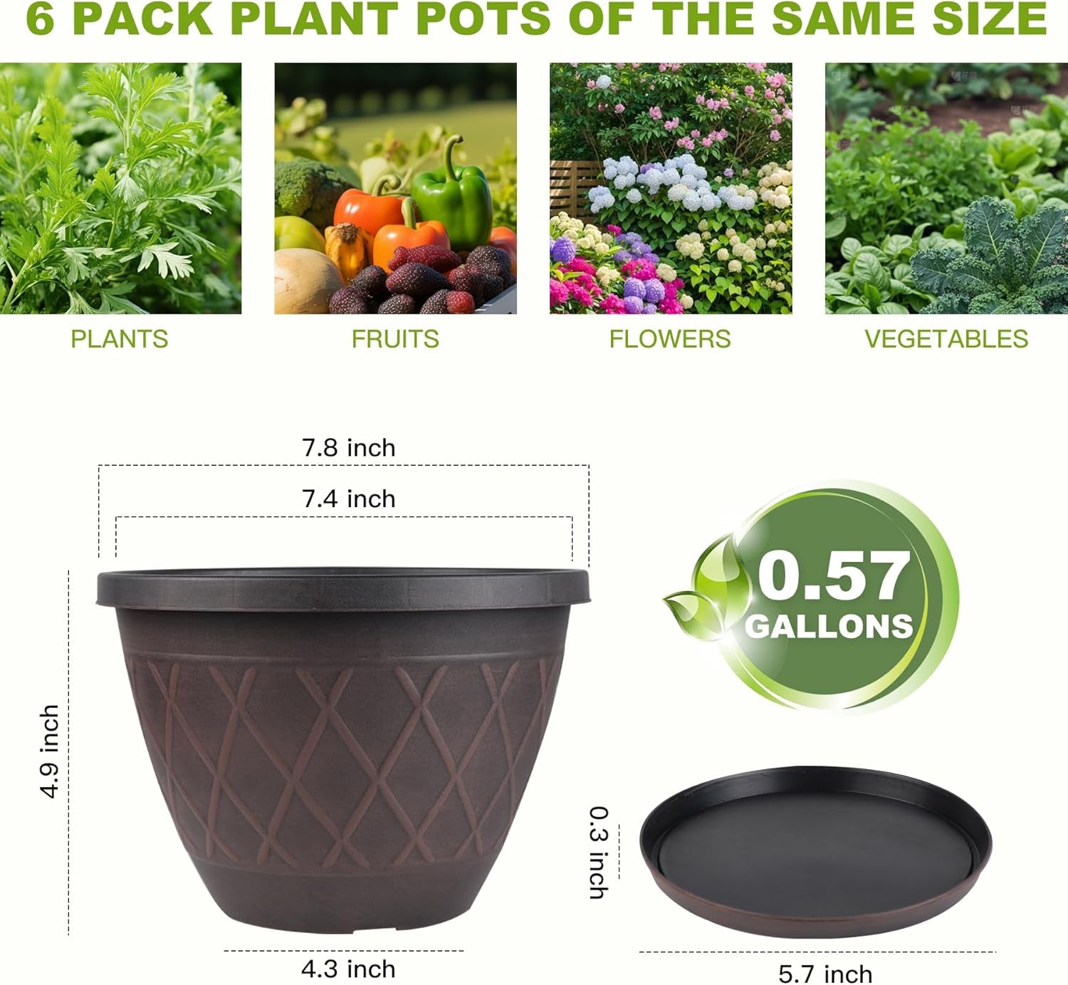 6 Pack 8 Inch Plant Pots, Planters with Drainage Holes & Saucers | Modern Imitation Faux-Fence Texture Plastic Flower Pots for Indoor & Outdoor Plants, Succulents, Flowers, and Herbs (Brown)