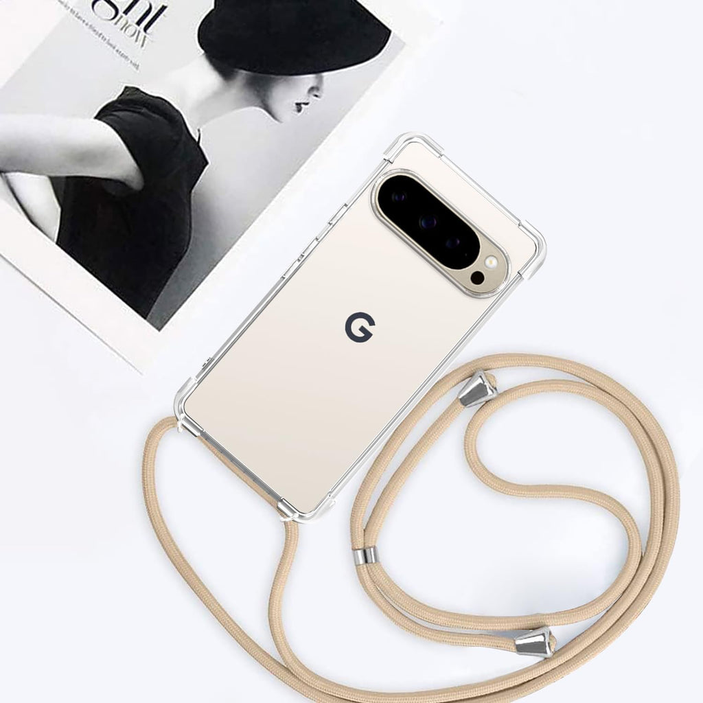 For Google Pixel 10 Pro Crossbody Case Clear Adjustable Shoulder Neck Lanyard Strap Phone Cover for Women Girls Transparent Soft Slim Shockproof Protective Mobile Case for Pixel 10 Pro - Beige