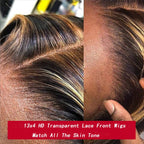 20 Inch Highlight Ombre 13X4 HD Lace Front Wig Human Hair Transparent 4/27 Honey Blonde Lace Frontal Wigs with Baby Hair 180% Density Colored Body Wave Lace Front Wig Human Hair for Women