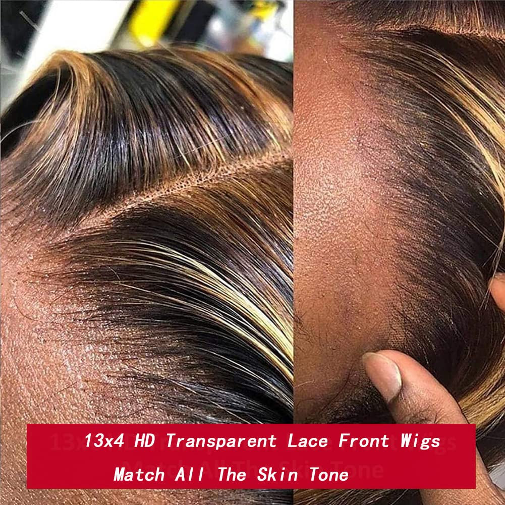 20 Inch Highlight Ombre 13X4 HD Lace Front Wig Human Hair Transparent 4/27 Honey Blonde Lace Frontal Wigs with Baby Hair 180% Density Colored Body Wave Lace Front Wig Human Hair for Women