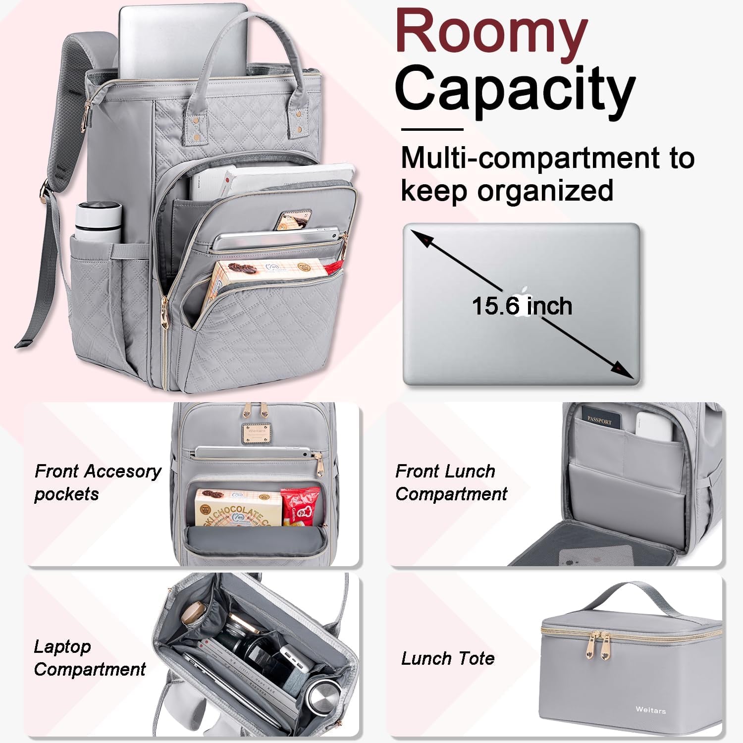 Lunch Backpack for Women,15.6 Inch Laptop Backpacks for Womens Back Pack, Travel Backpacks,Work Backpack for Women (Gray)
