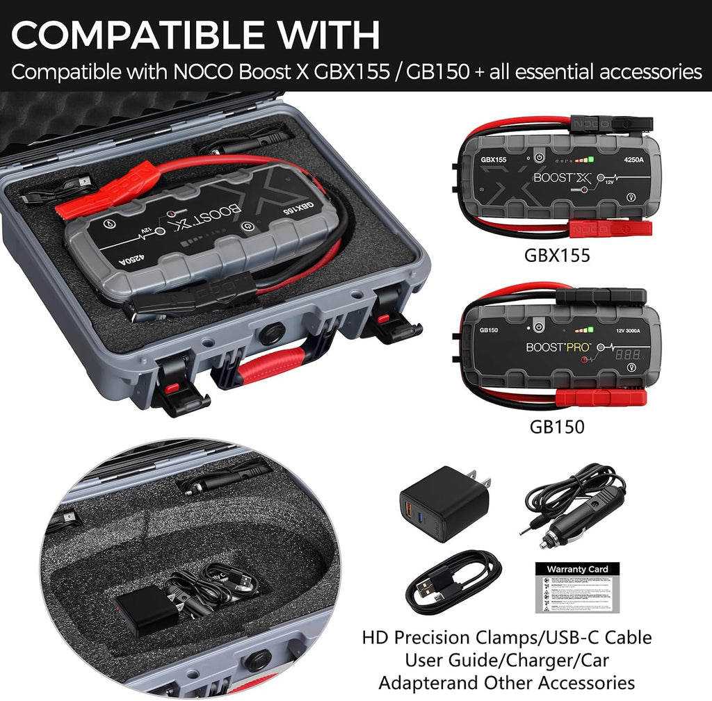 Case for NOCO Boost X GBX155 GB150 Jump Starter, Custom Foam Hard Case | Waterproof Protective Storage Box with for Clamps, Cables, Charger and Accessories, Shockproof Travel Organizer, Case Only