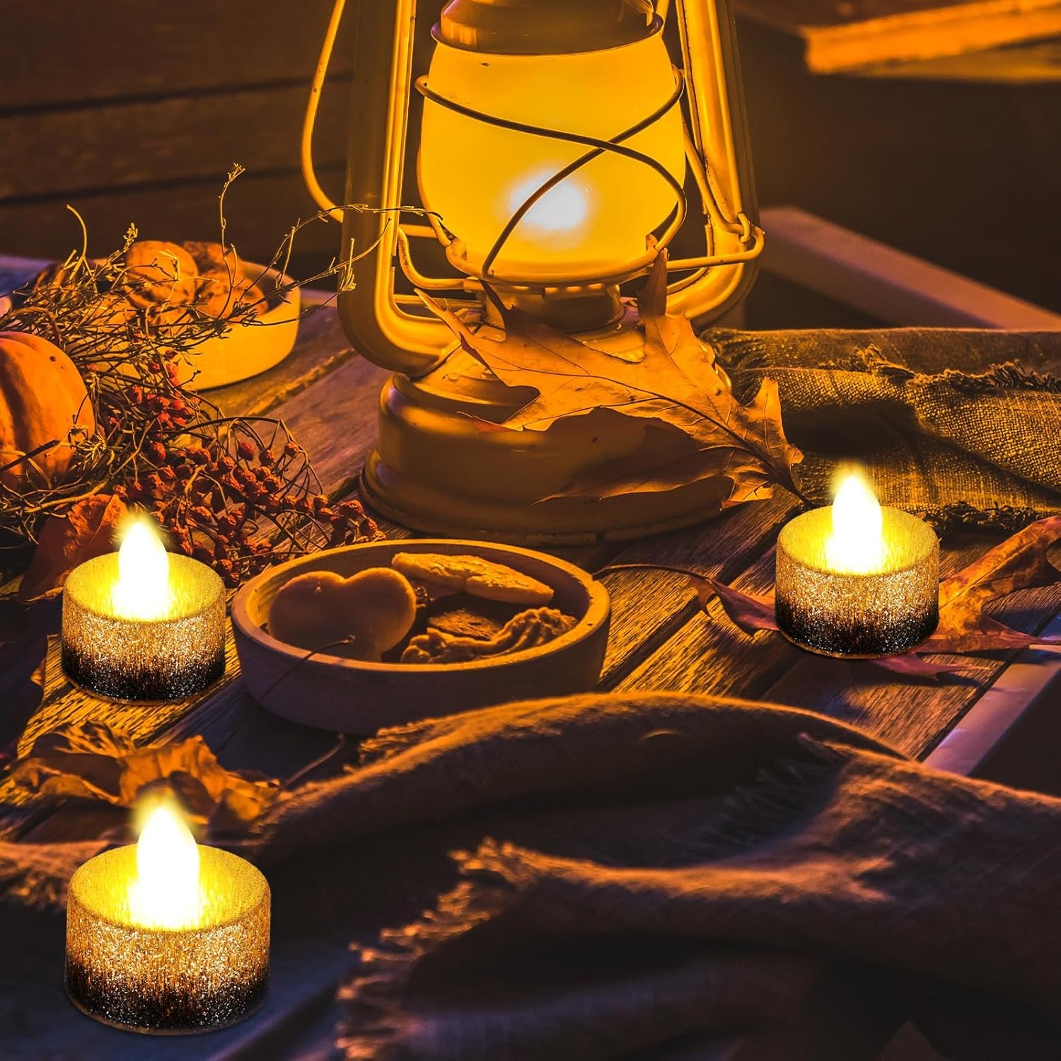 48 Pcs Flameless LED Tea Lights Gold Black Glitter Electric Fake Candles for Centerpieces Battery Operated Anniversary Decorations Romantic Winter Decor for Wedding Festival Christmas Birthday