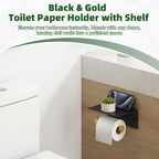 Toilet Paper Holder with Storage Shelf, Black & Gold, Wall Mounted | Rustproof 304 Stainless Steel, Fits for Bathroom, Restroom, Powder Room, Functional Paper Rolls & Phone Storage Tissue Holder