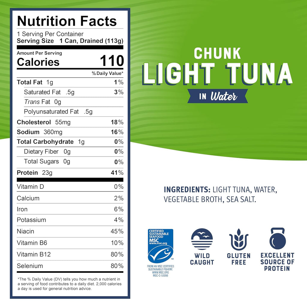 Chunk Light Tuna in Water, 5 Oz Cans (Pack of 24) - Wild Caught Skipjack Tuna - 23G Protein per Serving - MSC Certified Sustainable Seafood, Non-Gmo, Gluten Free, Kosher