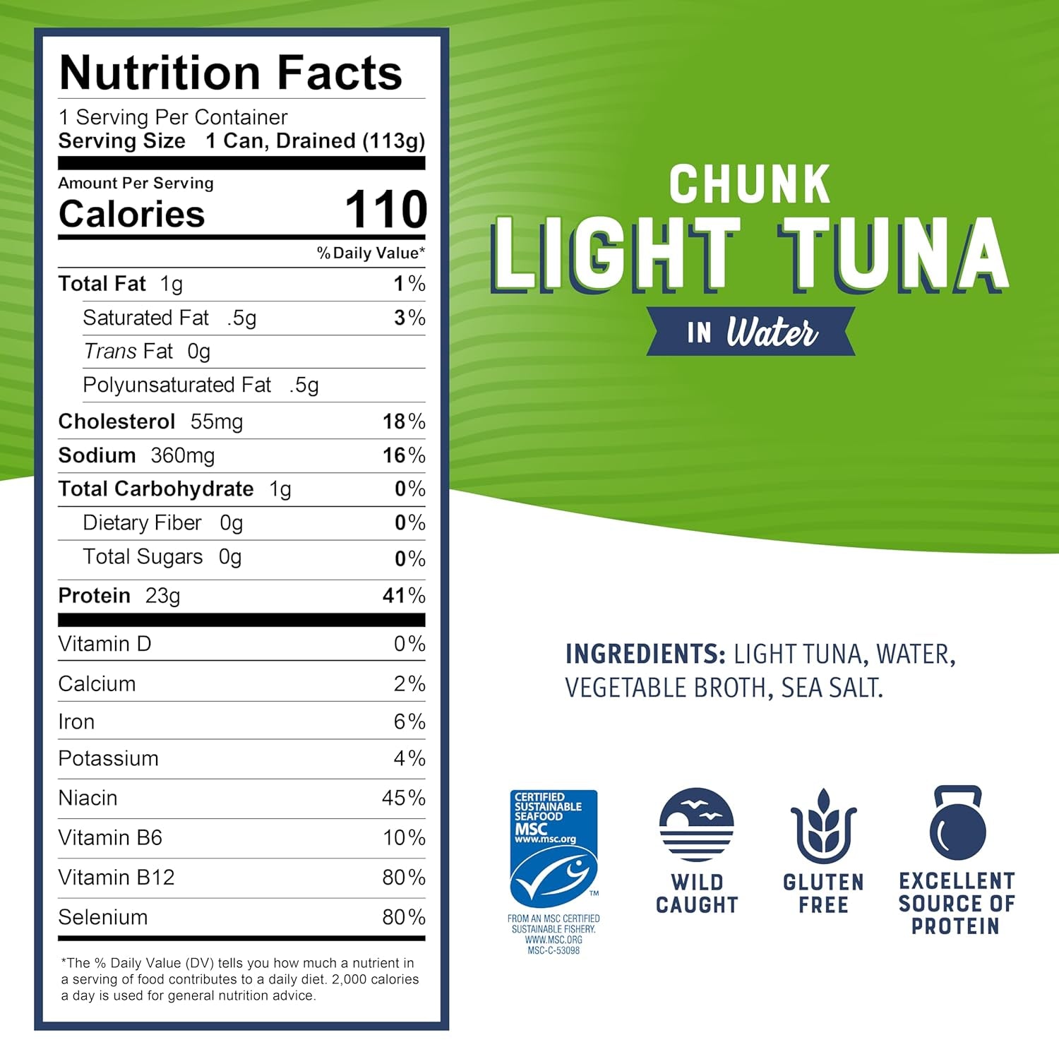 Chunk Light Tuna in Water, 5 Oz Cans (Pack of 24) - Wild Caught Skipjack Tuna - 23G Protein per Serving - MSC Certified Sustainable Seafood, Non-Gmo, Gluten Free, Kosher