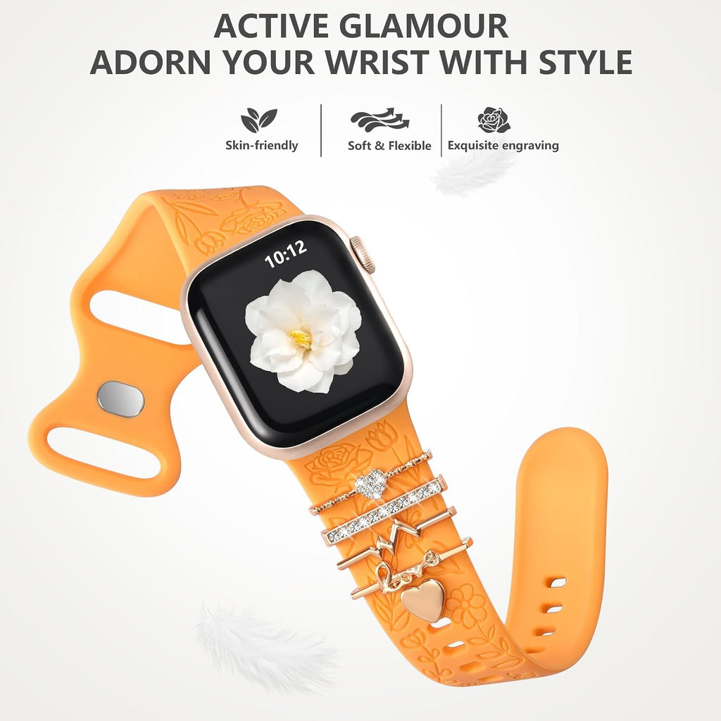 Flower Engraved Band Compatible with Apple Watch Bands for Women 40Mm 38Mm 41Mm 42Mm, Soft Silicone Strap with Dressy Decorative Apple Watch Charms for Iwatch Series 11 10 9 8 7 6 5 4 3 2 1 SE