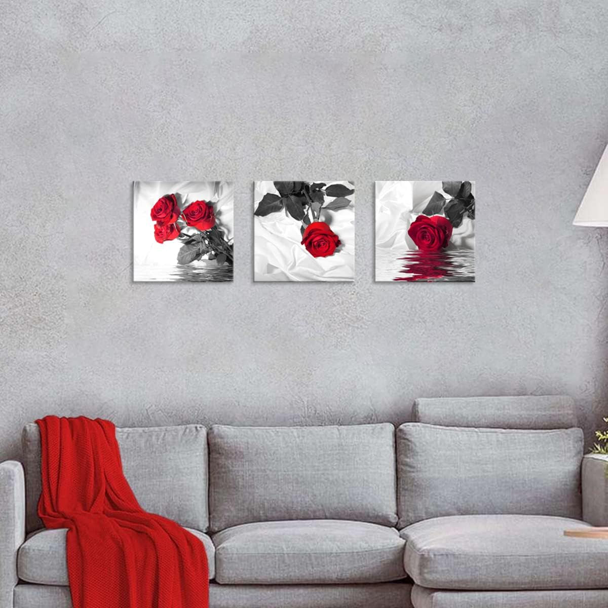 Canvas Print 3 Pcs Black White and Red Wall Art Rose Wall Decor Abstract Decorations Flower Picture on Canvas for Home Decor Stretched and Framed 12X12Inches