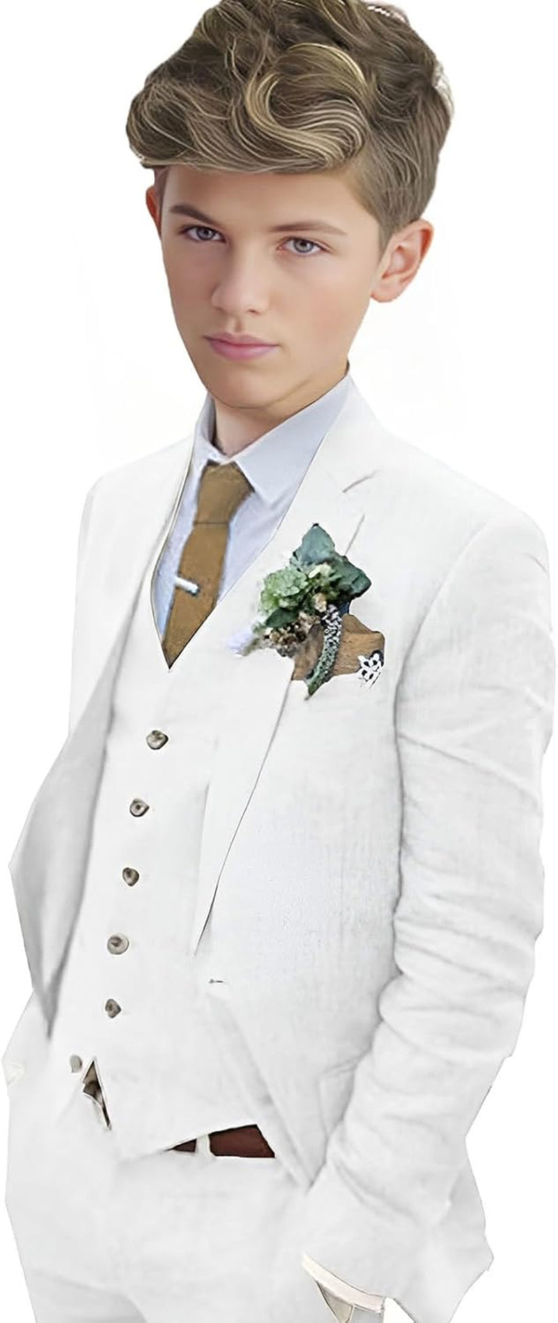 Boys Linen Suit Boys Tuxedo Slim Fit 3 Piece Summer Suit Kids Linen Suit Jacket Vest Pant (White,8 Years)