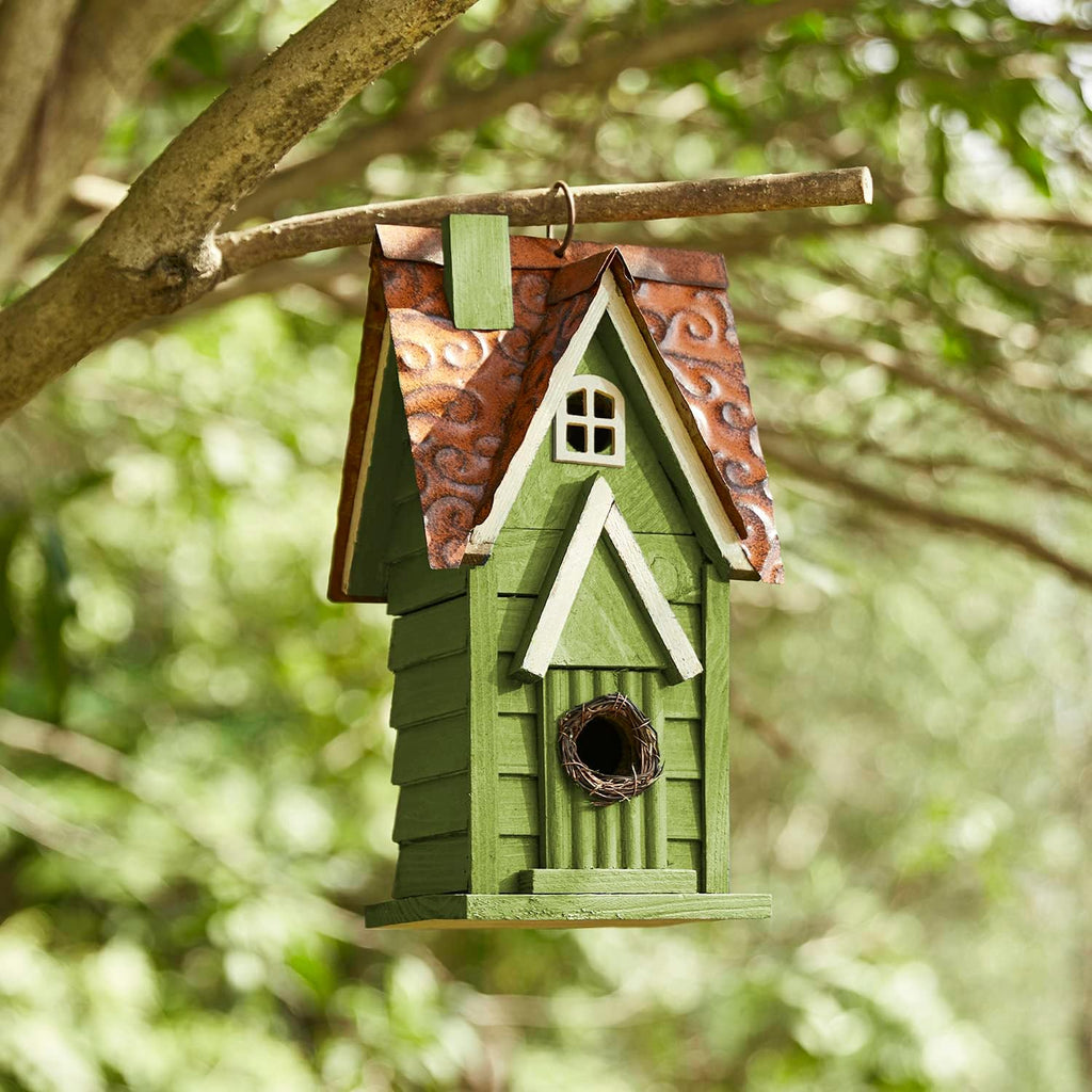 12" H Green Hanging Distressed Solid Wood Garden Bird House Decorative Birdhouse