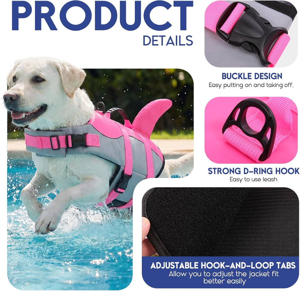 Dog Life Jacket - Pet Safety Vest for Swimming & Boating, Shark Life Jacket with Floatation, Dog Lifesavers Swimsuits for Small Medium Large Dogs (Pink, L)