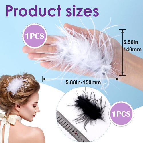 2Pcs Ostrich Hair Clip, Black/White Feather Hairgrip Retro Hair Jewelry Accessories for Women Bride Party Festival Valentine Wedding Engagement Birthday Christmas