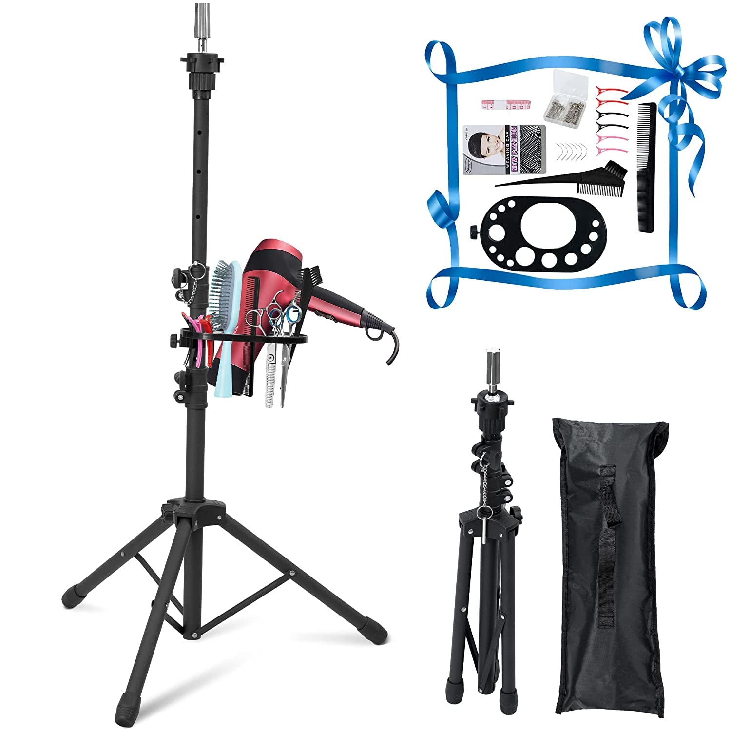 Wig Stand Tripod Upgraded, Double Locking Adjustable Mannequin Head Stand, Reinforced Metal Wig Head Stand with Tool Tray for Cosmetology Hairdressing Training, Black (53.5 Inches)