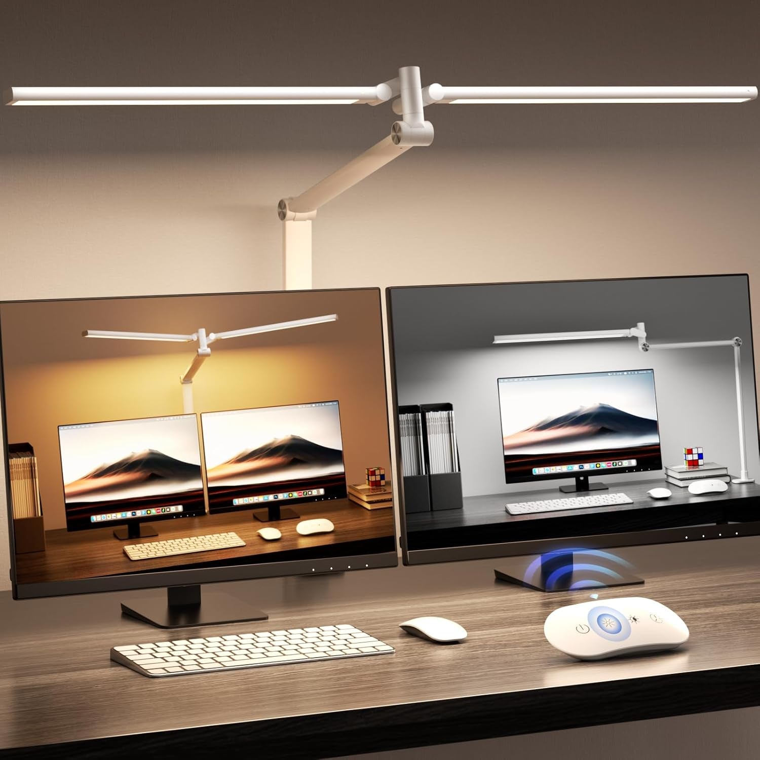 LED Desk Lamp, Double Swing Arm Wide Lighting Area Desk Lamps for Home Office with Stepless Dimming, Eye-Caring Architect Desk Light with Clamp for Reading, Study, Workbench, Drafting(White)