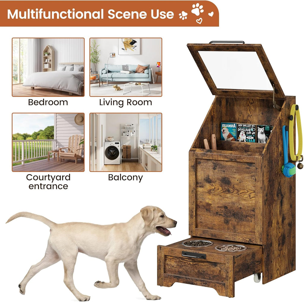35''H Pet Food Cabinet Flip Top Dog Food Storage Cabinet,Dog Feeding Station with 2 Elevated Dog Bowls, Large Pet Toy Storage Organizer,Rustic Brown