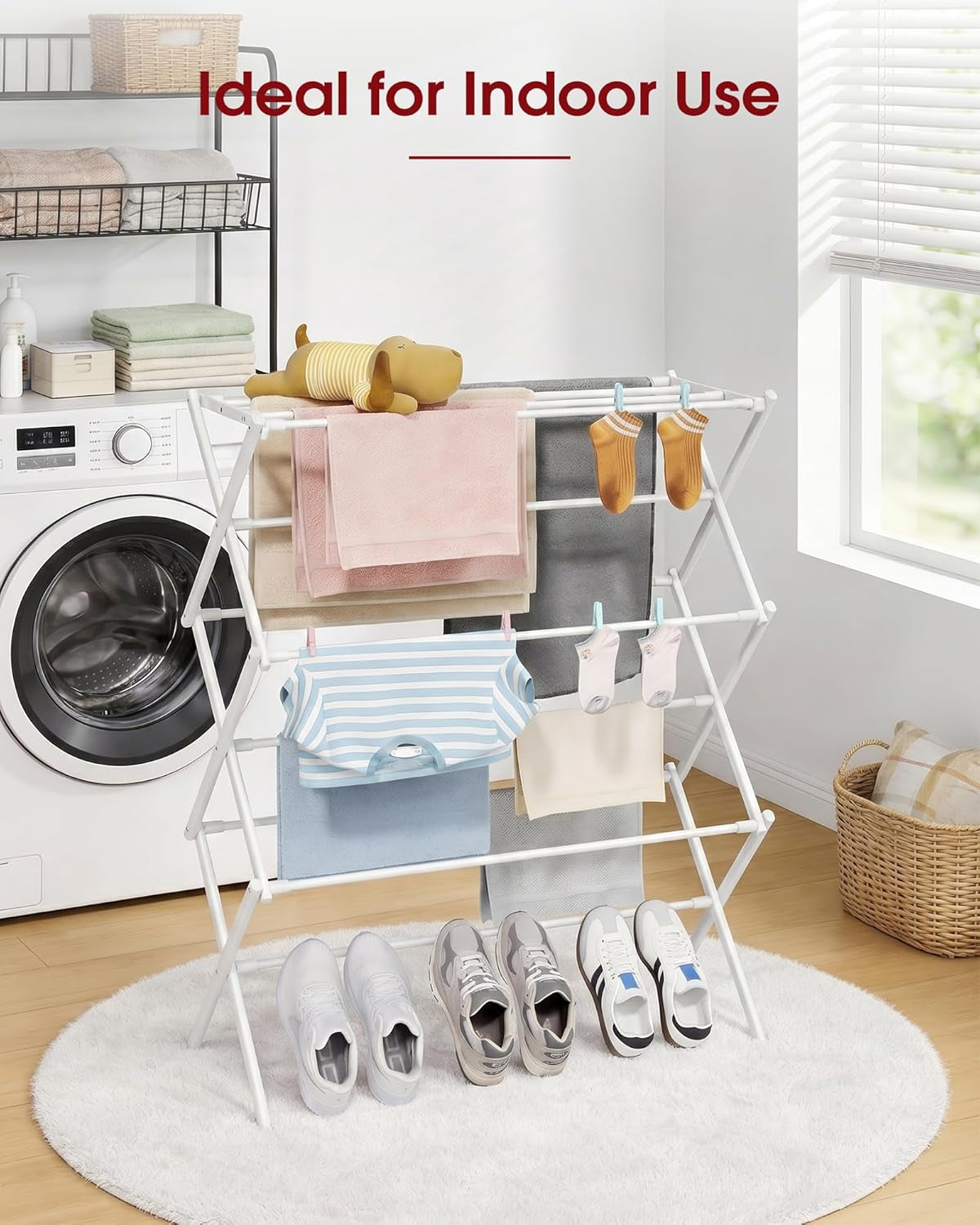 Foldable Clothes Drying Rack – Metal Laundry Drying Rack with Non-Slip Feet, 3-Tier Space-Saving Clothing Rack for Organization, Indoor & Outdoor Use, 11.4" D X 29.1" W X 37.4" H, White