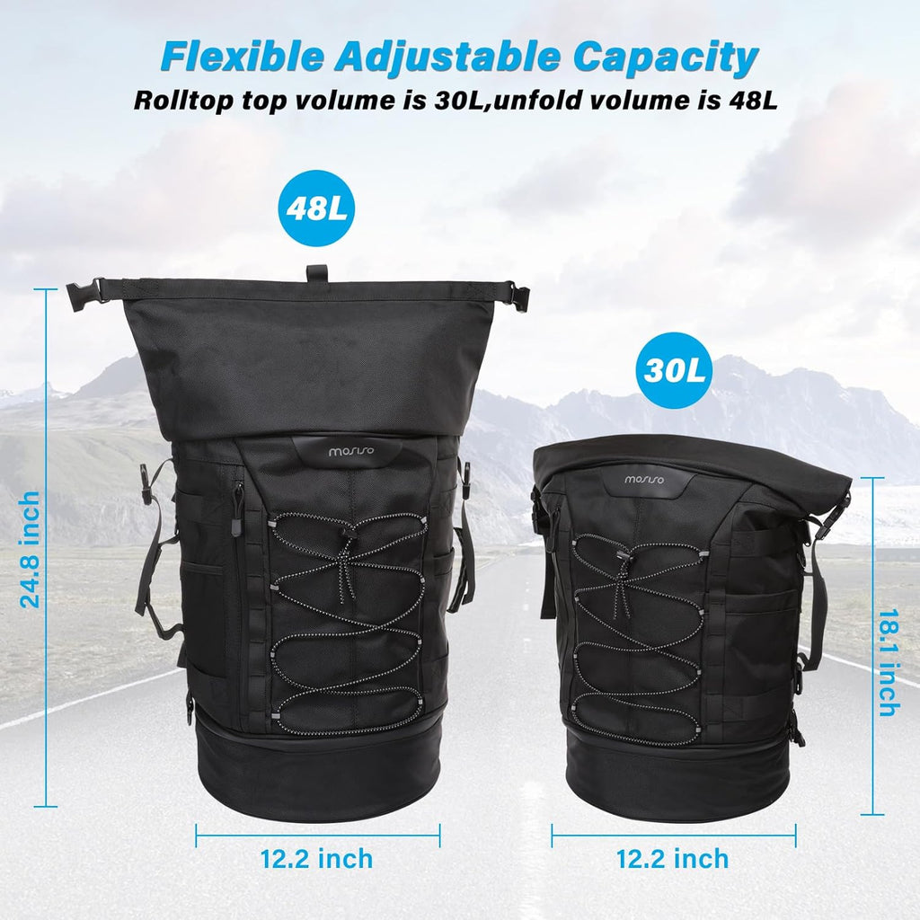 Motorcycle Sissy Bar Backrest Bag Travel Luggage Bag, Large Capacity Duffle Bags Expandable 30L-48L, Motorcycle Gear Tail Bags with Rain Cover&Shoulder Strap, Black