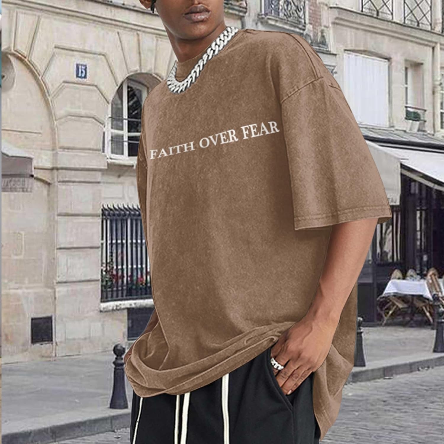Christian Faith over Fear Shirt for Men Jesus Religious Shirts Oversized Graphic Tees Acid Wash God T-Shirt