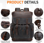 Nerlion Leather Backpack for Men Waxed Canvas Laptop Backpack 17.3 Inch Rucksack Vintage Travel Backpack (Black)