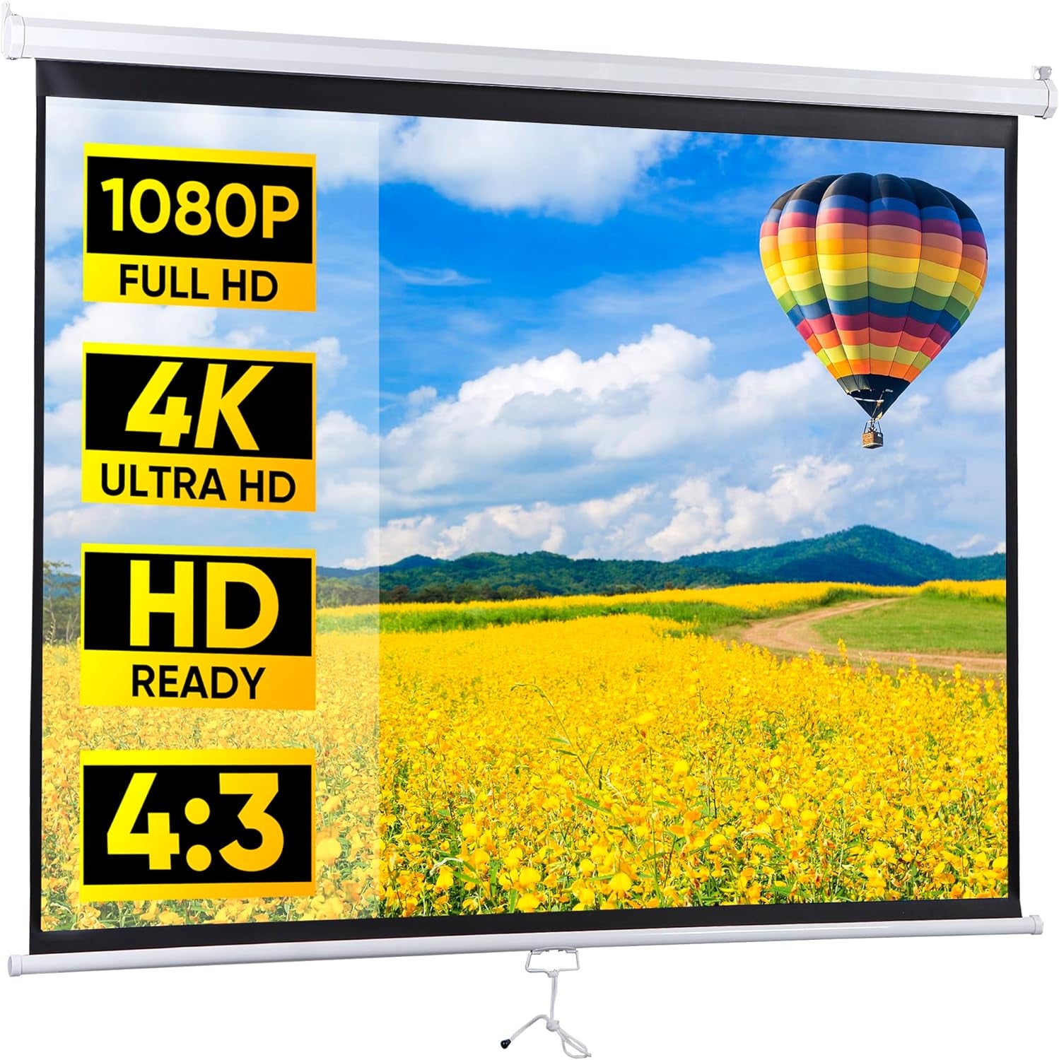 Portable Projector Screen Pull Down, 72 Inch 4:3 Video Projection Screen Home Theater, Retractable Projector Screen White, Indoor Outdoor Moive Screen, Wall/Ceiling Mount (72'' 4:3)