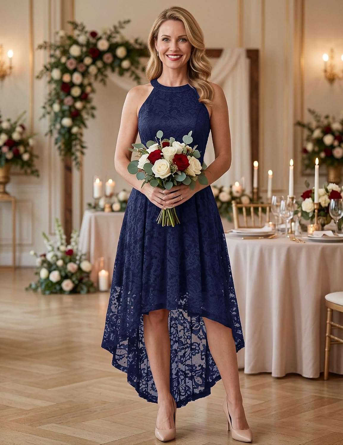 Women Halter Lace Hi Lo Wedding Guest Cocktail Formal Dress | Bridesmaid Wedding Dresses,Sleeveless,Halter Top Neckline,High Low Hem,Elegant a Line Design,Soft Floral Lace Party Dress