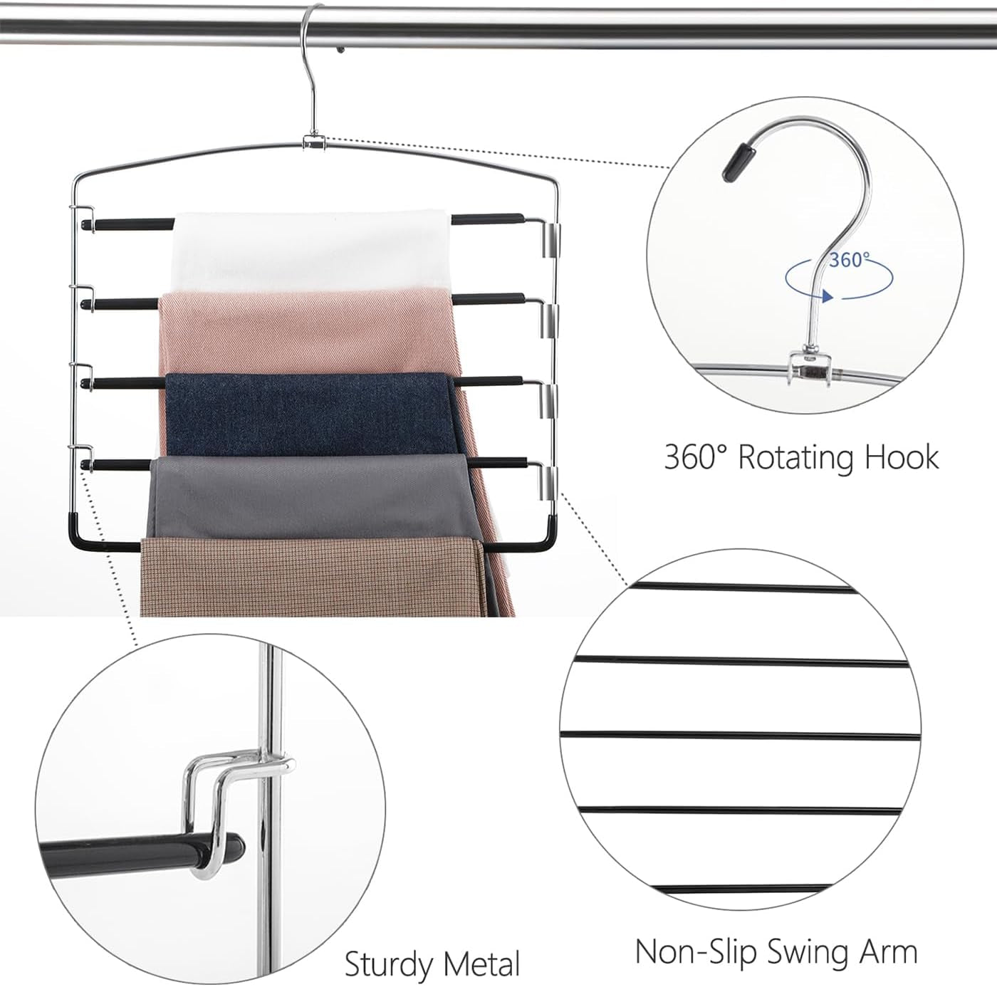 Pants Hangers Non Slip 3 Pack Space Saving Hangers Multi-Layer Swing Arm Pants Hanger Stainless Steel Space Saver Hanger Closet Storage Organizer for Jeans Trouser Slacks Clothes (Black)