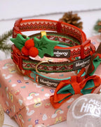 Christmas Dog Collar for Small Dogs, Festive Chevron Design with Detachable Holly Décor & Bow, Adjustable Neck 12"-16"