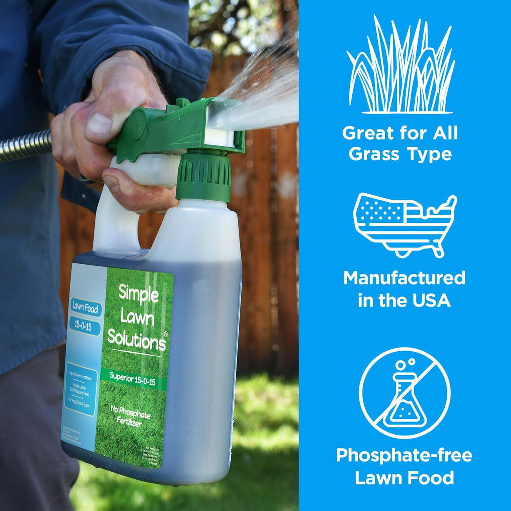 Superior 15-0-15 Liquid Lawn Fertilizer - Lawn Food for Growth & Green - Nitrogen, Potassium, Humic, Fish & Seaweed - Any Grass Type-  - All Season- Attached Sprayer (32 Ounce)