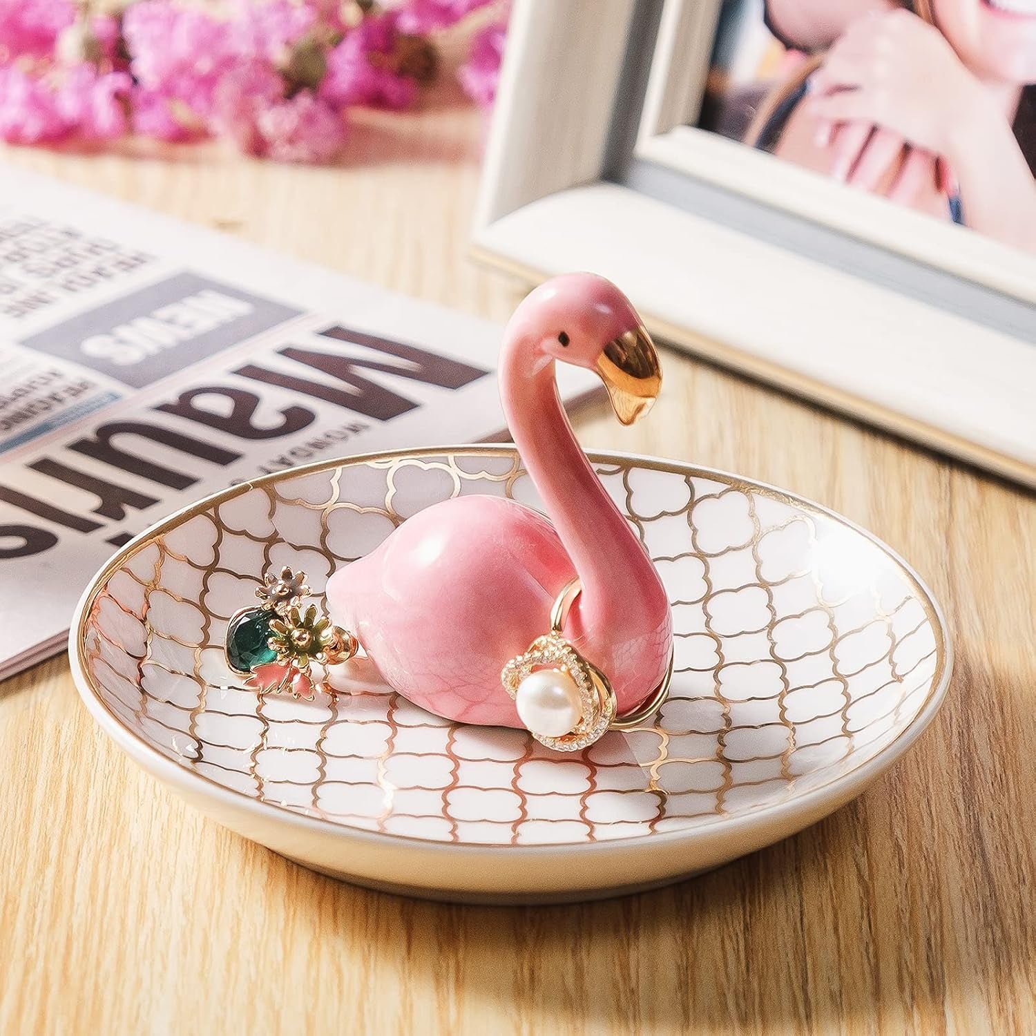Flamingo Gifts for Women Ring Holder for Jewelry, Pink Decor Flamingo Gift for Women Girls Friend Her Mom Mothers Day Birthday Christmas Thanksgiving Valentines