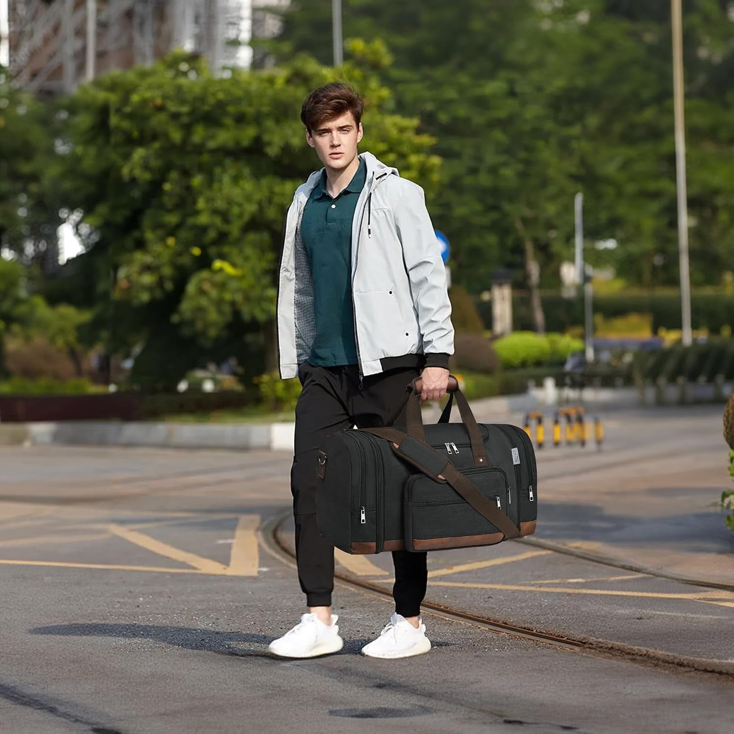 Duffle Bag for Travel,Overnight Weekend Gym Carry on Luggage Bag, 50L Canvas Travel Duffel Bag for Men Women, Expandable Spacious Travel Duffel Bag, Black