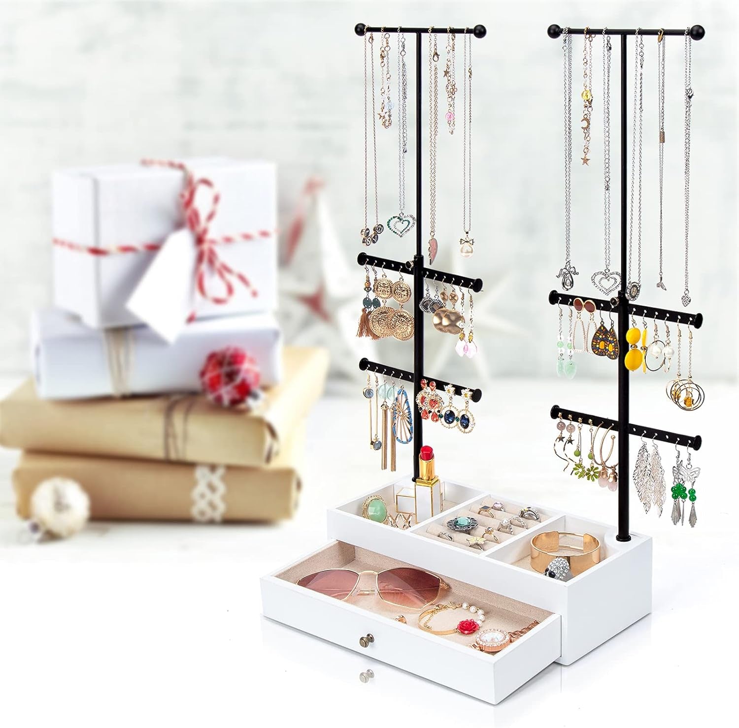 Jewelry Organizer Stand Wood Basic Jewelry Drawer Storage Box with Double Rods & 6 Tier Jewelry Tree Stand Holder for Necklaces Bracelet Earring Ring Display(Vintage White)