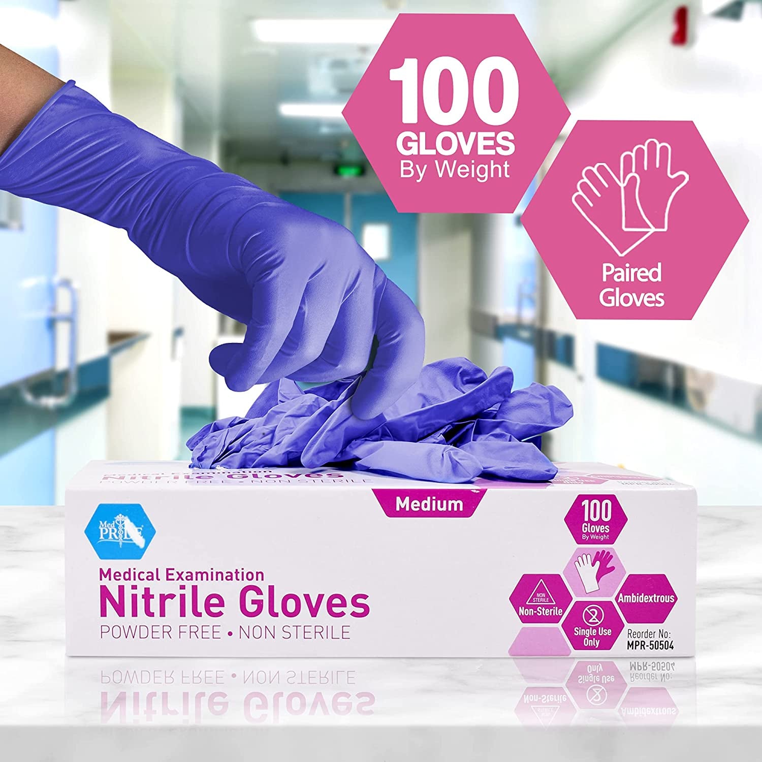 Medpride Powder-Free Nitrile Exam Gloves, Iris Blue, Medium, Box/100