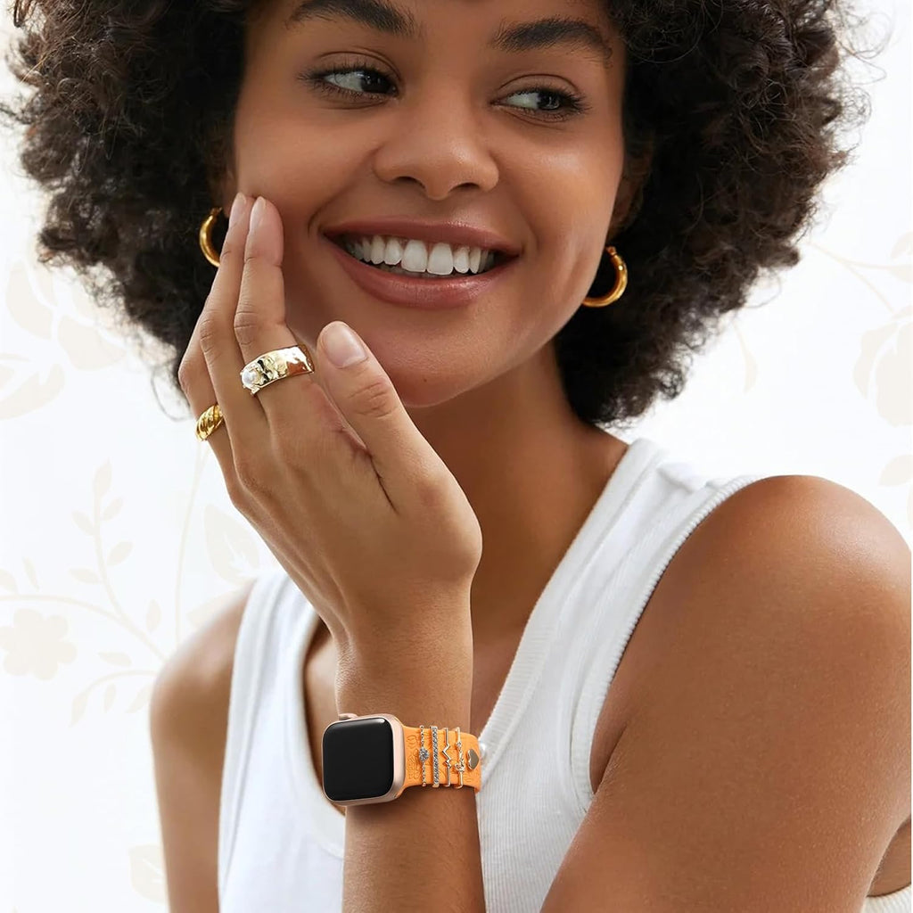 Flower Engraved Band Compatible with Apple Watch Bands for Women 40Mm 38Mm 41Mm 42Mm, Soft Silicone Strap with Dressy Decorative Apple Watch Charms for Iwatch Series 11 10 9 8 7 6 5 4 3 2 1 SE