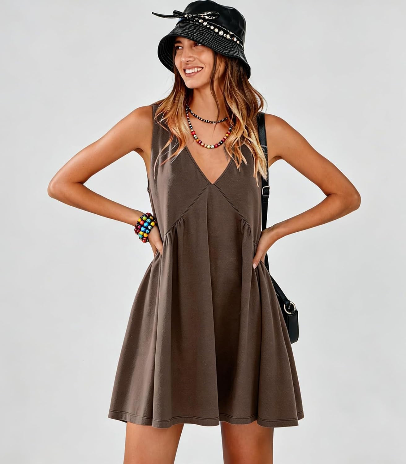 Womens Summer Babydoll Mini Dress Casual Swing Flowy Beach Sundress | V Neck Sleeveless Country Dress,Plus Size Loose Shift Western Dress,2 Deep Pockets, a Line Short Tank Dress