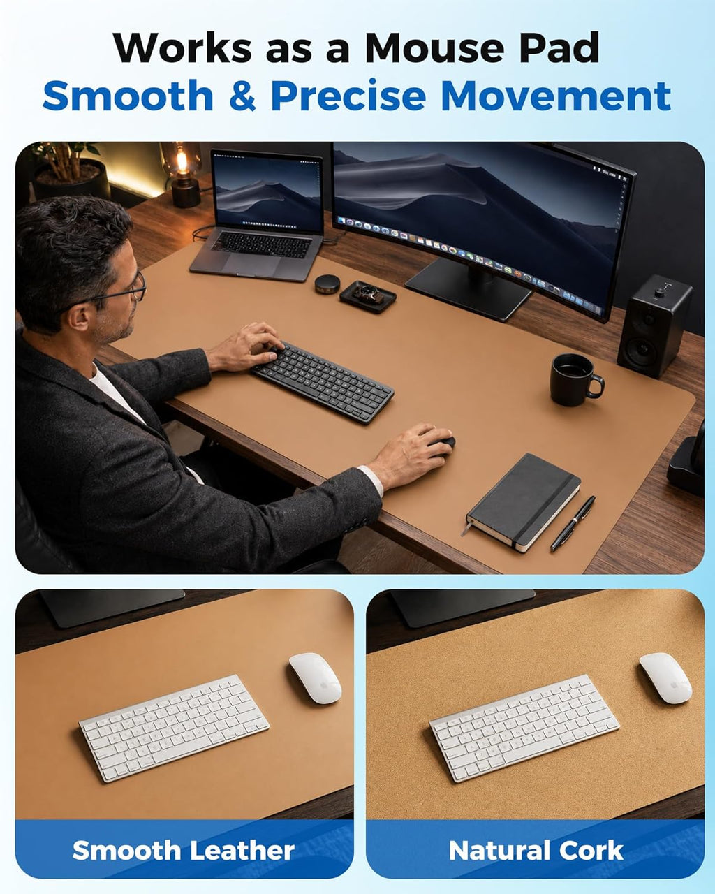 Dual-Sided Desk Mat - Leather & Cork Desk Protector, Large Mouse Pad & Writing Pad for Office/Home, Waterproof, Apricot (35.4" X 15.7")