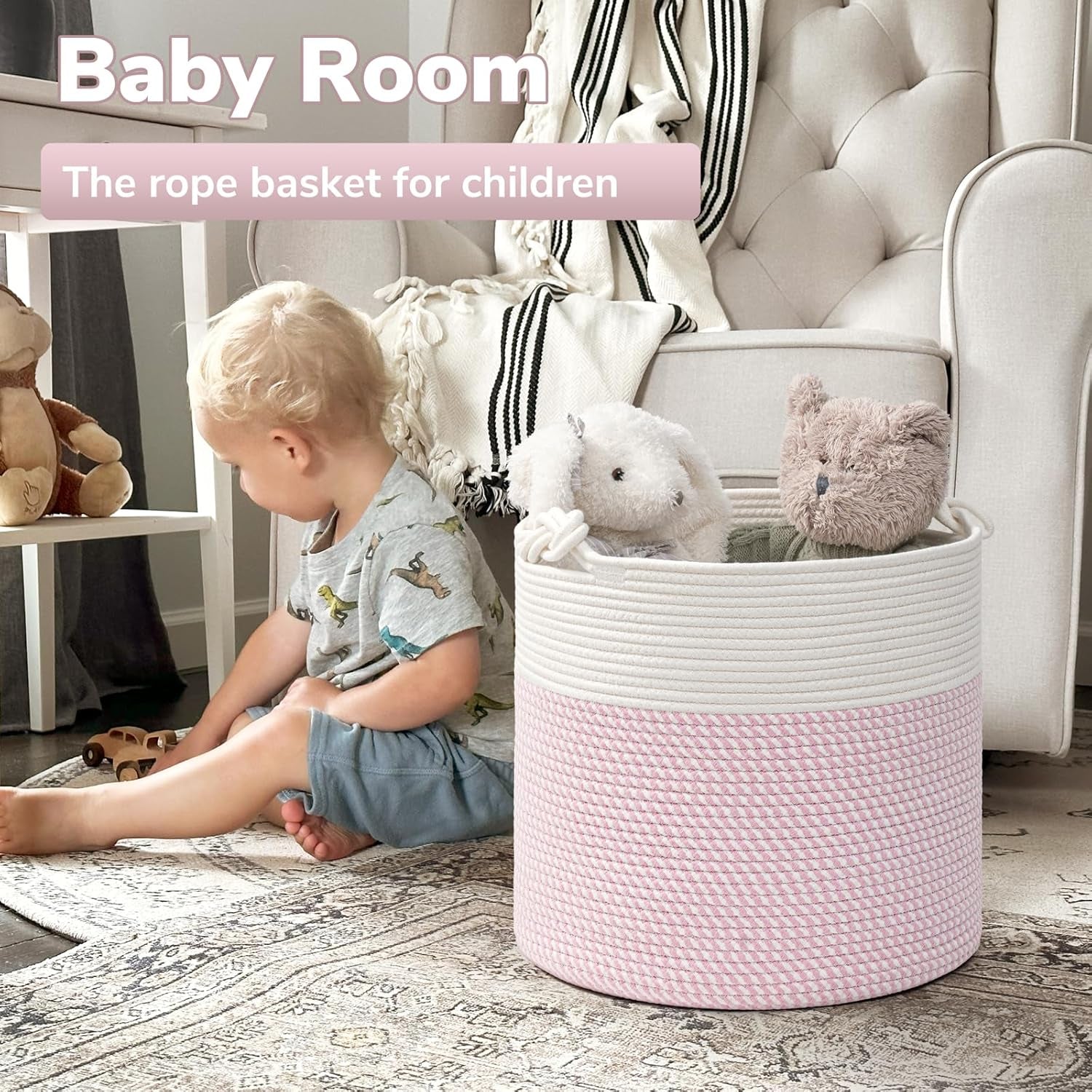 Woven Rope Blanket Basket Living Room, 40L, Pink | Small Laundry Basket for Organizing Baby Clothes, Blankets & Pillows, Great for Bedroom Nursery Home Décor, Pink