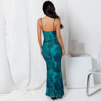Women Vintage Spaghetti Strap Maxi Dress Sexy Low Cut Backless Floral Satin Slip Long Dress Y2K Cami Bodycon Dresses