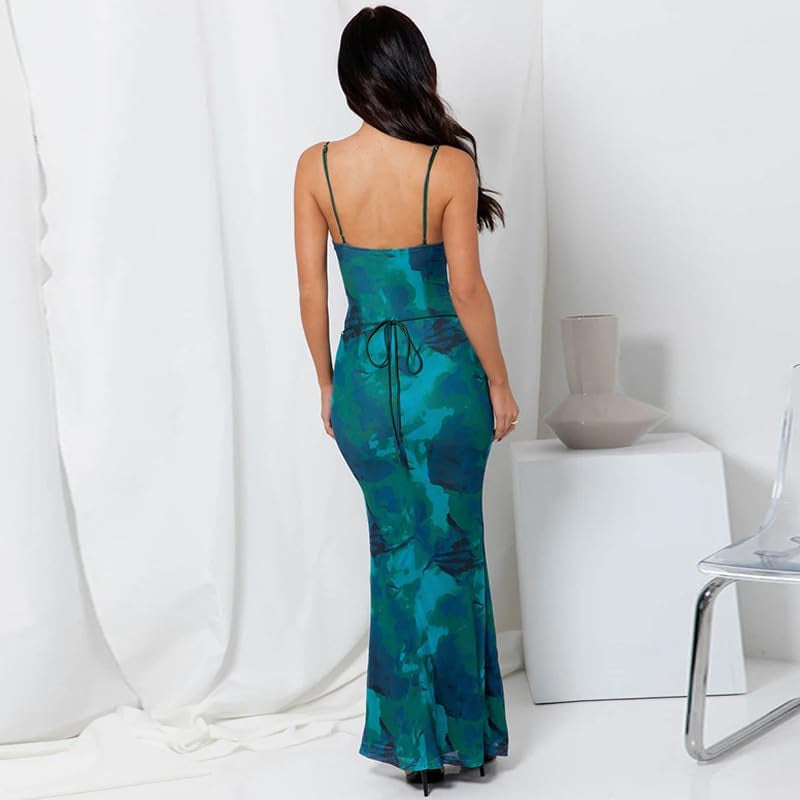 Women Vintage Spaghetti Strap Maxi Dress Sexy Low Cut Backless Floral Satin Slip Long Dress Y2K Cami Bodycon Dresses