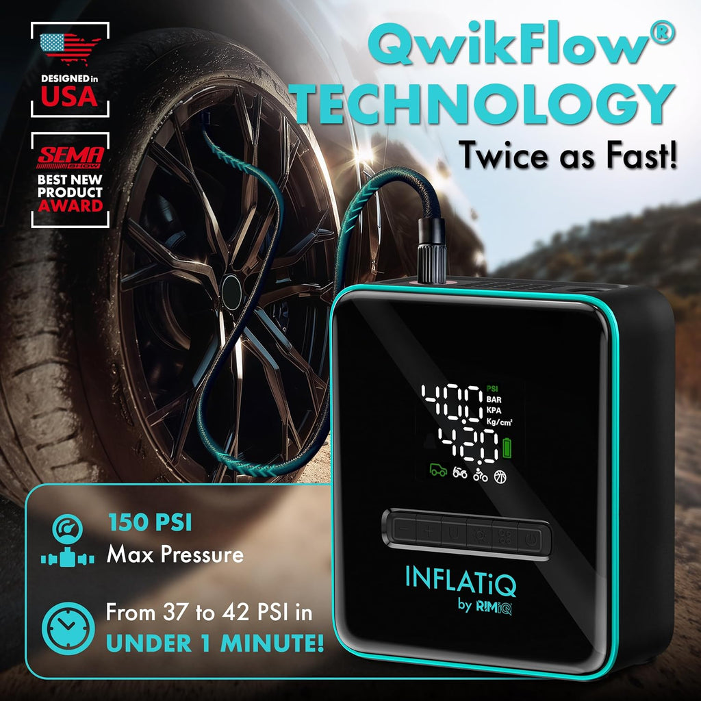Inflatiq by  Portable Tire Inflator Air Compressor – Twice as Fast Qwikflow Technology with Auto Shut-Off – 11.1V Rechargeable Air Pump with Metal Gears and Premium Carry Case